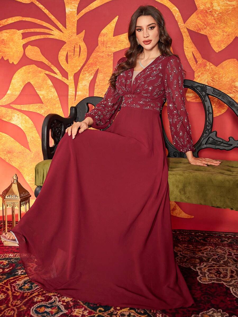 优雅女士长袖甜心领水钻A字型派对连衣裙，梭织面料，喇叭下摆