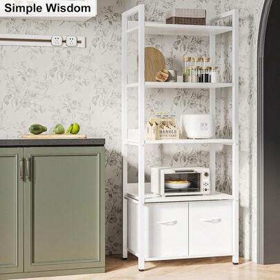 Librero de 5 Capas,Estante de 5 Niveles con Respaldo semicerrado,155CM Librero Minimalista,Cajón de Tela librero Organizador,Adecuado para Dormitorio y Sala de Estar(Blanco)