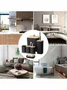 4/6pcs Luxury Wooden Bathroom Set | Housewarming Gift | Includes Toothbrush Holder, Trash Can, Soap Dispenser, Toilet Brush Holder, Soap Dish | Reusable Bathroom Accessories - Multicolor - View 6