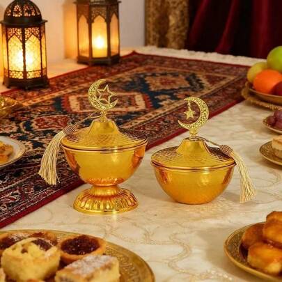1 ชิ้น ชามใส่ขนมขบเคี้ยวและลูกอมปิดผนึกโลหะสำหรับเดือนรอมฎอน | จานผลไม้เอนกประสงค์ | เครื่องประดับตกแต่งโต๊ะอาหาร