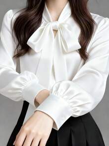 Women's Elegant Satin White Long Sleeve Casual Shirt, Versatile Commuter Blouse With Bow Collar Detail - Solid Color Suitable For All Seasons, Machine Washable Non-Sheer, Soft & Breathable Fabric, Refined Satin Texture, Solid Color Tie For Office & Daily Wear - White - View 6