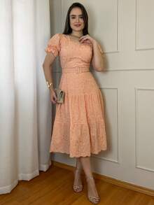 Women's 3-Marias Midi Dress In Elegant Cotton Lace With Belt And Ruffled Hem - Casual Fashion - For Dating Or Weddings - 珊瑚粉 - 查看 3