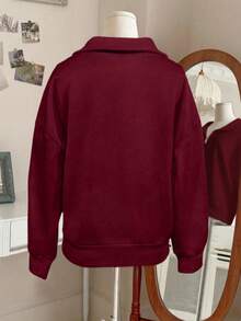 Half-Zip Collar Top, Adjustable Half-Zip Closure For Customized Neckline Feel, Relaxed Fit For Unrestricted Comfort During Wear, Suitable For Spring, Autumn And Cool Weather Periods, Versatile For Pairing With Bottoms For Daily Or Casual Occasions  /Vacation Outfits Women /Summer Outfits For Women / Summer Clothes / Summer Tops / Going Out Tops Women - Đỏ - Xem 2