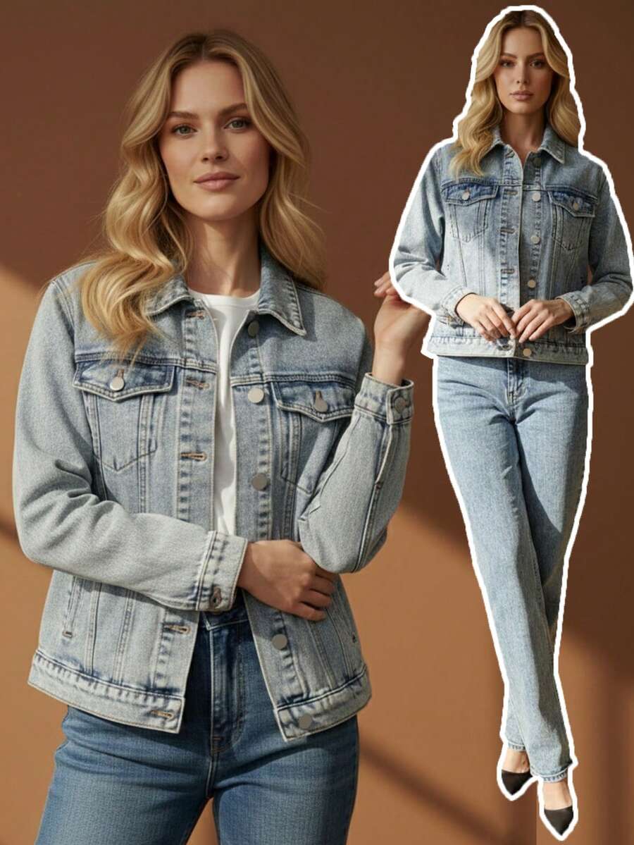 女士冬季牛仔口袋前扣新年休闲优雅长袖立领浅蓝色牛仔外套 - 淺色水洗藍 - 查看 1