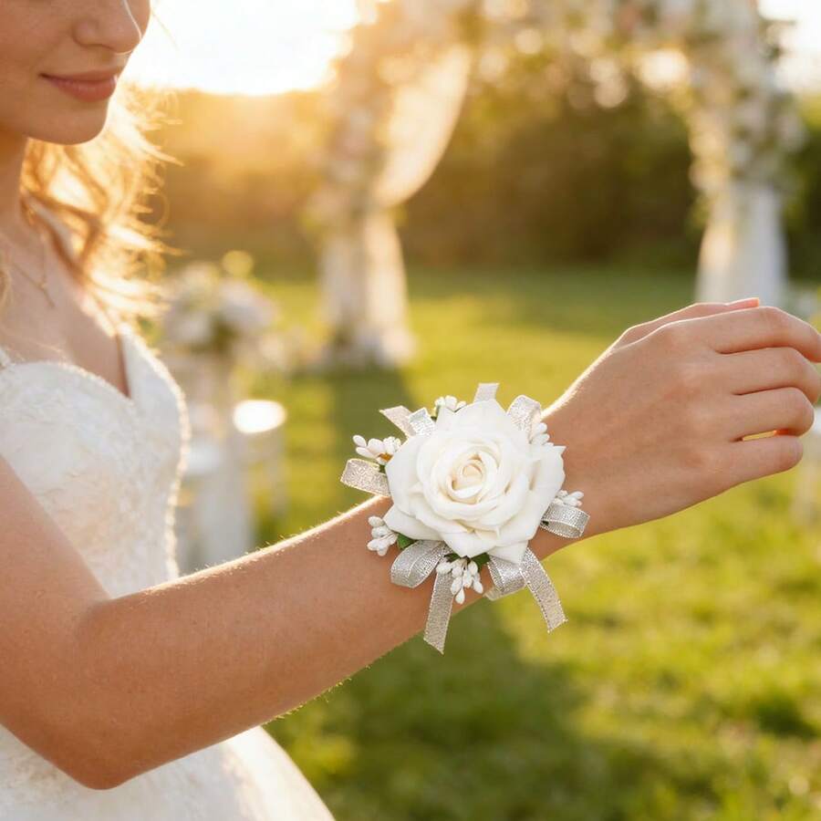 1件满天星和玫瑰腕花/胸花，适合新郎、新娘、父亲、母亲、祖父母婚礼装饰佩戴，也适合舞会、返校节等场合。 - 白色 - 查看 1