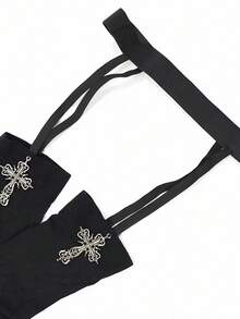 1 Pc Women's Black Cross Pendant Garter Thigh High Socks | High Elastic Japanese Y2K | Edgy Streetwear Design | Perfect For Harajuku & Party Looks - Multicolor - View 9