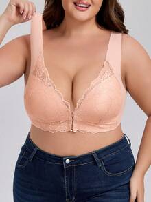 Sujetador inalámbrico con cierre delantero de encaje para mujer de talla grande, sexy encaje con espalda de tirantes, sin costuras y sin aros - Albaricoque - Ver 7