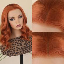 16 Inch Short Orange Ginger Wavy Lace Front Wig For Women, No Glue Needed, Heat Resistant Synthetic Fiber, 180 Density, 13x4 Lace Front, Pre-Plucked, Suitable For Daily Wear, Parties And Cosplay - Ginger - View 5