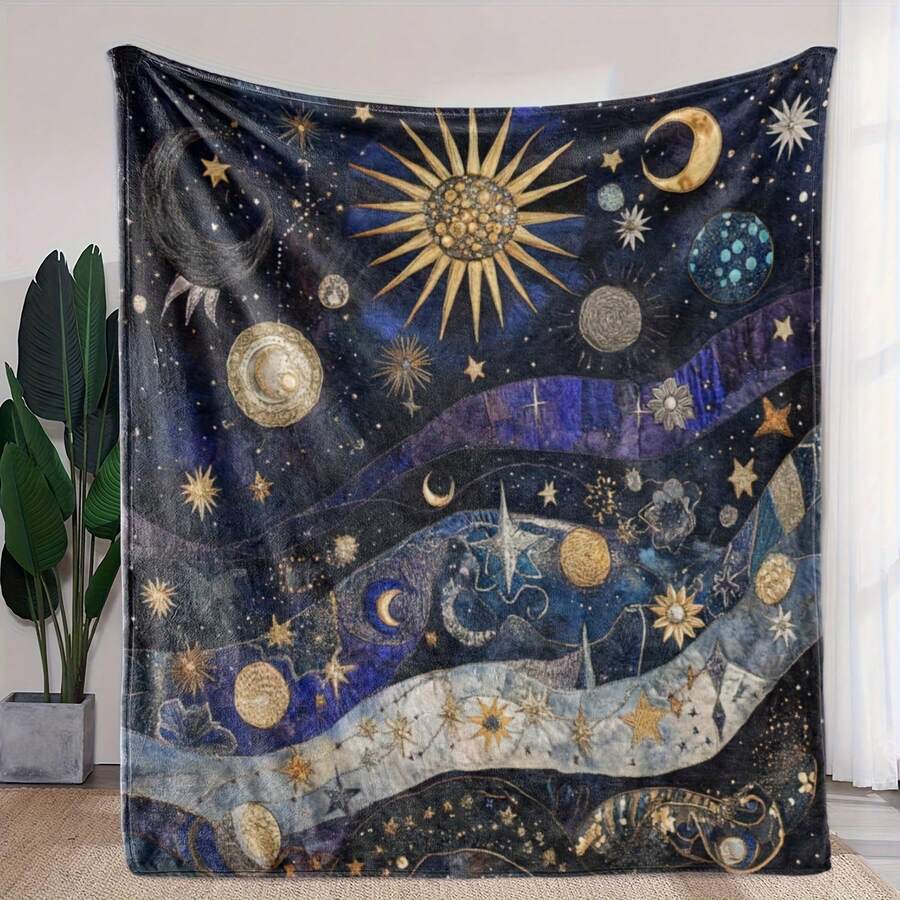 Retro Moon, Star And Sun Printed Blanket,Super Soft Flannel Printed Blanket,As Birthday Gifts, Family, Wedding, Souvenir Blankets, Polyester Blankets Suitable For All Seasons, Washable, Machine Washable, Lightweight, Breathable, Comfortable, Warm, Unique, 280gsm For Him, Her Personalized Ideal Gifts For Her, Him, Family, Boyfriend, Girlfriend, Father, Family, Mother, Lover, Daughter, Son, Grandfather, Grandmother, Teacher,Doctor, Nurse,Friend, Classmate, Pet. Perfect Nap, Camping, Travel, Home, Daily Life, Office Decoration, Birthday, Anniversary, Valentine's Day, Thanksgiving, Graduation Season,Christmas, Halloween, Mother's Day, Father's Day, Wedding, New Year Gifts ,Sofa,Bed,Car,Bedroom,Living Room,Office, Outdoor Camping, Beach,Wall Decoration - Nhiều màu 11 - Xem 1