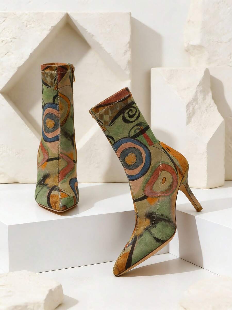 vivianly Fabric Pattern Random Unique Sexy Stretch Pointed Toe Elastic Stiletto High Heel Side Zip Ankle Boot With Random Print - Elegant Stiletto Heels Boots For Women, Autumn And Spring Boots Featuring All Over Print Fashionable For Commuting, Valentine's Day Dating, Party Holiday Sexy Night Shoes Spring Break Easter(Each Pair May Have A Different Pattern, Bringing Different Surprises) Date Valentine's Day Gift - 不規則-B - 查看 1