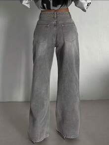 Teen Girls' Casual Versatile Straight Leg Jeans With Pockets - Grey - View 2