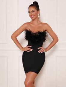 Modphy Vestido mini sexy de Body con vendaje con flecos de plumas falsas sin tirantes, vestido elegante para fiestas/vacaciones para mujeres, boda, negro, primavera - Negro - Ver 2