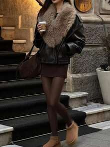 DEEKA Autumn/Winter New Women's Fashion European And American Style Casual Detachable Collar Faux Leather Jacket - Brown - View 8