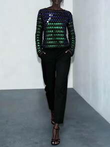 Women Y2K Stylish Vintage Disco Sequined Long Flared Sleeve Tops Sheer Mesh Bell Sleeve Shirt Blouse Glitter Sparkly Mesh Crop Top Party Club Streewear - Màu xanh lá cây đậm - Xem 5