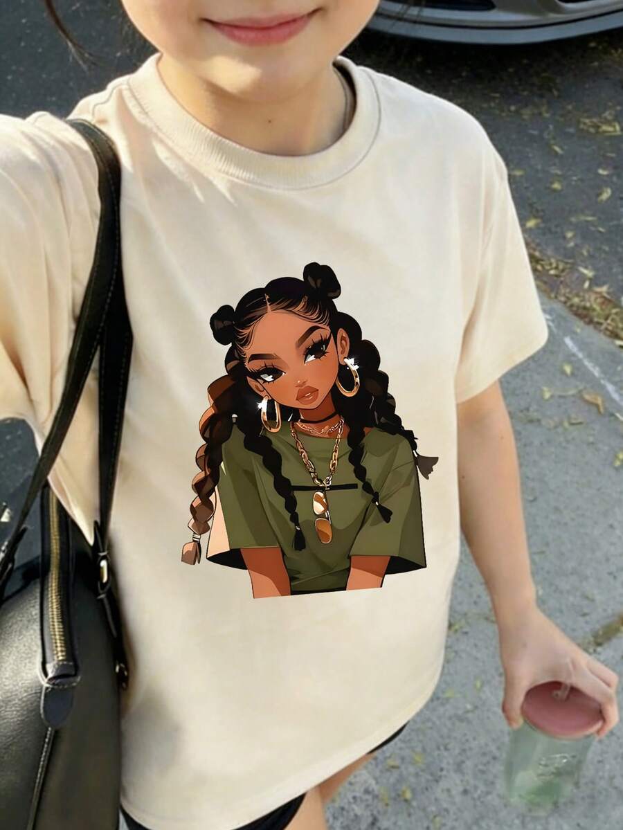 1件女童休闲印花圆领短袖T恤，夏季学生青少年服装 - 可爱的女孩印花T恤为每个孩子带来欢乐和幸福！ - 杏色 - 查看 1