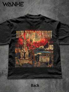 WANHE Double-Sided Printed Men's T-Shirt / Unisex Couple Outfit Gift Set-Perfect Gift For Christmas, New Year's Day, 2026 New Year, Valentine's Day, Independence Day And Easter-West Texas Degenerate Graphic T-Shirt With Bold Typography And Apocalyptic Artwork For Men Who Love Dark Aesthetic Streetwear Fashion Statement Casual Wear Urban Style  Design - 黑色 - 查看 3