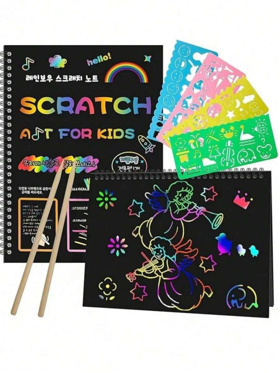 Bộ dụng cụ vẽ tranh cầu vồng sáng tạo Playful Creations, phù hợp cho trẻ em - Bảng vẽ giấy cào nhiều màu sắc kèm cọ vẽ bằng gỗ, bộ dụng cụ thủ công vui nhộn và mang tính giáo dục. - Nhiều màu - Xem 1