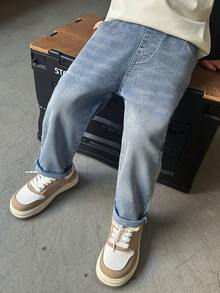 男童宽松水洗直筒牛仔裤，适合秋季休闲、上学、户外活动穿着。 - 藍色 - 查看 4