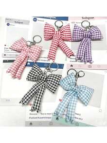 1pc Sweet Girls Heart Plaid Bow Keychain Bag Charm, Cute Backpack Purse Pendant Perfect For Back To School & Daily Use - Multicolor - View 1