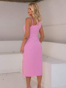 Casual  elegante    Assimétrico  Nó  Franzido    Casamento - Rosa chiclete - Visão 3