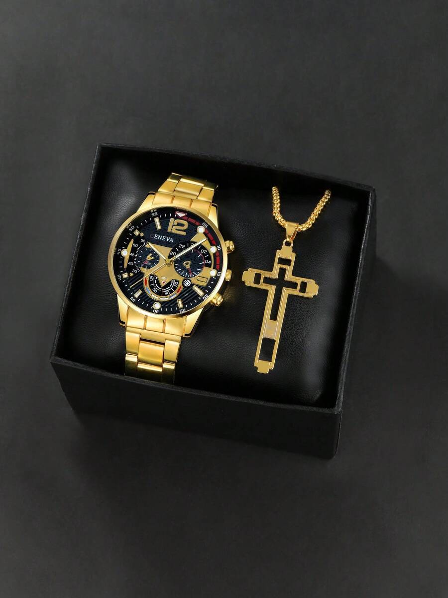 1 Set Stylish Set: Quartz Watch (Stainless Steel Strap), Hip-Hop Style Necklace, Ideal Holiday Gift