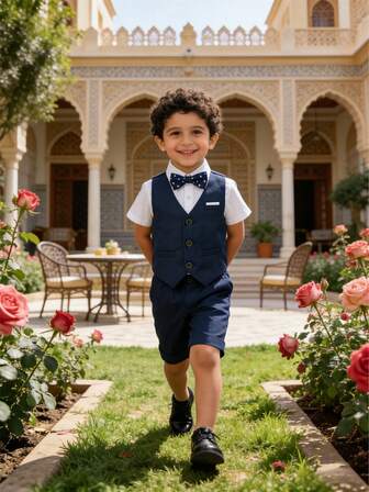 3pcs Boys Casual Gentlemen Suit Set: Solid Vest + Shorts + Bow Tie, Summer