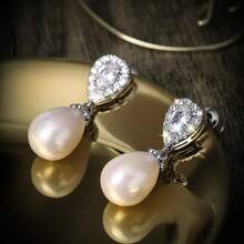 Teardrop Pearl Micro-Inlaid Zirconia Earrings, Luxurious Elegant Versatile Earrings For Women - Silver - View 9