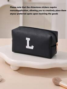 1pc Women's Octagonal Makeup Bag, Travel Organizer Bag, Bridal Makeup Bag, PU Letter Makeup Bag, Portable Chenille Letter Zipper Makeup Bag, Letter Patch PU Leather Waterproof Travel Toiletry Bag, Letter Combination Cosmetic Bag (Letter A~Z), Suitable For Autumn Home Decor - Black and White Lettering - View 35