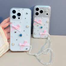 Luxury 3D Pearl Bow Rhinestone Transparent Phone Case With Chain, Compatible With IPhone 17 Pro Max/17 Pro/17, 16 Pro Max/16 Pro/16, 15 Pro Max, 14 Pro/14, New 13, Fashionable Exquisite Phone Cover - Clear - View 5