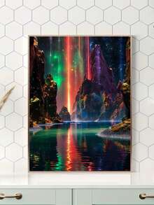 A Set Of Fantastical And Dazzling Diamond Painting Without Frames. The Scene Depicts A Mysterious Starry Sky, With Colorful Beams Of Light Cascading Over The Rippling Water Surface And Strange, Rugged Rocks, Creating A Visually Striking Effect. Suitable For Home, Bedroom, And Living Room Decor.