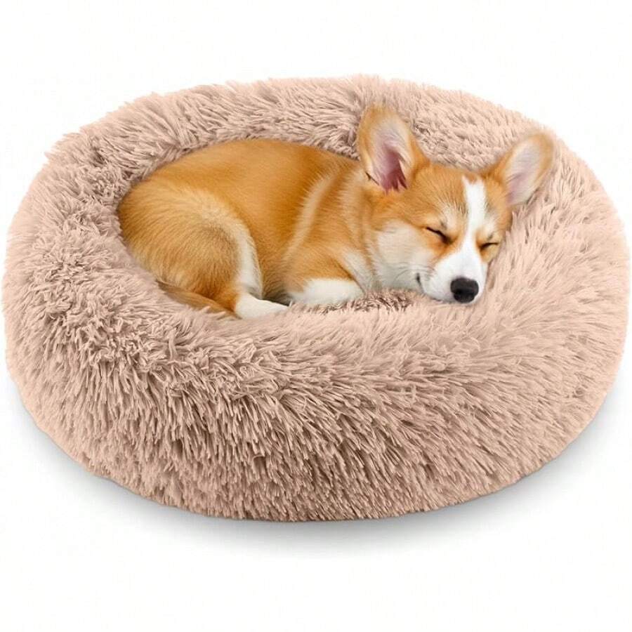 Calming Anti-Anxiety Donuts Dog And Cat Bed 20", Round Fluffy Soft Washable Small Medium Pet Bed For Puppy & Kitten, Cuddler Warming Comfortable Cushion, Luxury Anti-Slip Waterproof Mute Base, Camel - Lạc đà sáng - Xem 1