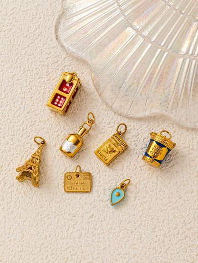 1pc Stainless Steel Fashionable DIY Cigarette Box, Gold Brand Water Droplet Wine Bottle, Eiffel Tower Dice Pendant, 18K Gold-Plated, Waterproof And Fade Resistant, DIY Jewelry Accessories, Necklace Accessories, Bracelet Accessories, Earring Accessories, Keychain Accessories, Bag Accessories, Women's Jewelry Accessories, Wallet Accessories, Small Pendants, Gifts