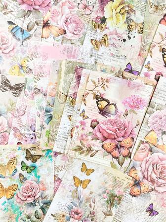 1 Book Of 30 Sheets Vintage Butterfly & Floral Collage Background Papers, Multipurpose DIY Decoration, Scrapbooking, Planner Materials