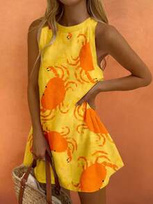 Sea Starshine 2025 Women's Fashionable, Elegant And Sexy Sleeveless Yellow Random Crab Print Dress, Spring/Autumn - Yellow Orange - View 2