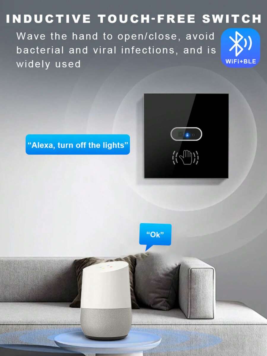 Interruptor de luz inteligente estándar de la UE, compatible con WiFi y control de gestos - Sensor infrarrojo sin contacto, control remoto por voz y aplicación, compatible con Alexa y Tuya Smart, funciones de temporización y agrupación, panel de vidrio templado, adecuado para el hogar, hotel y baño - 101KWL - Ver 1