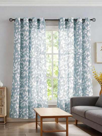 1pc Modern Blue Linen Pattern Printed Curtain, Grommet Top, Leaf Design, Nordic Minimalist Digital Printing, Sheer For Living Room, Bedroom