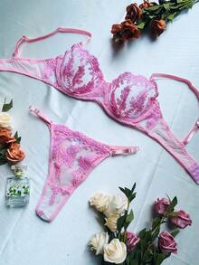 Women's Sexy Lingerie Set, Embroidered Mesh Bra, Thong Panty, Sheer Push-Up Bra, Plunging Bra, Romantic Ladies Bra - Baby Pink - View 4