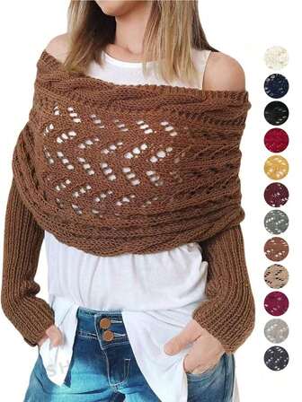 1pc Solid Color Hollow Sleeve Shawl Scarf, Soft & Lightweight, Minimalist Casual, Suitable For Daily Wear, All Seasons, Ideal For Evening Gala, Party, Travel, Office, Wedding And Gift Giving