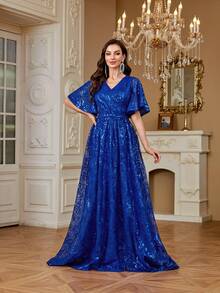 hezixi Elegant Luxury Embroidered Lace & Sequin Beaded Floral Design Sheer Long Sleeve Dress, Suitable For Wedding, Bridal Shower, Party, Banquet, Honeymoon Evening Dress Spring - Sapphire - View 5