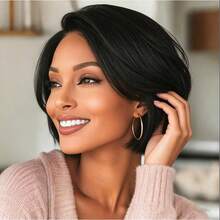 13x4 透明蕾丝前假发，巴西 Remy 真人发精灵短发假发，逼真发际线，柔顺短直发造型，适合日常佩戴、派对、音乐节和圣诞节 | 自然外观，百搭耐用 - Natural Black - 查看 6