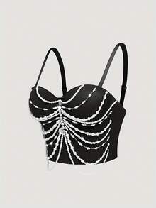 Débardeur à bretelles fines, Top élégant et noble à broderie lourde sans bretelles, sexy et court, bustier sexy pour les sorties des femmes en vacances, décontracté, noir, été - Noir - Voir 6