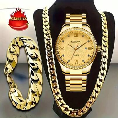 3pcs Men's Luxury Set: Roman Dial Wrist Watch + Cuban Link Necklace + Bracelet, Business Style Accessories, Best Gift Choice For Valentine's Day And New Year