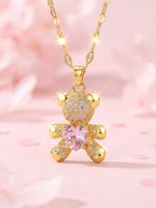 1 Stück Mädchen süße vergoldete Bär Anhänger Halskette mit rosa herzförmigem Diamant, geeignet für Kinder Mode, zarte Party Festival Schmuck Geschenk für tägliches Tragen Goldschmuck - Goldgelb - Übersicht 4