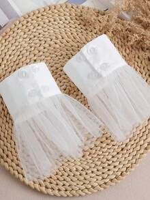 1 Pair Women's White Mesh Ruffle Trim Minimalist Style Cuff Socks, Suitable For Daily Commute