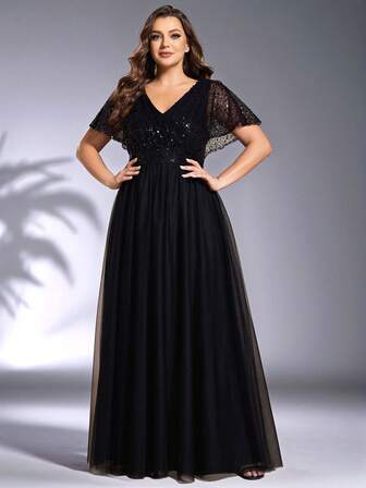 EVERPRETTY Vestido de noche elegante de talla grande con cuello en V, parches de lentejuelas, mangas con volantes de malla negra para mujeres, vestido de fiesta de Navidad, vestido de cóctel, vestido de graduación para invitados de boda