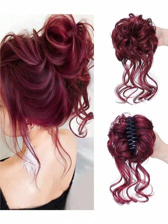 Hårstycke med rufsig knut, fluffig chignonhårknut, elastiskt hårband, accessoarer för lockigt hår för kvinnor, lämplig för jul, nyår, musikfestival (vinröd)