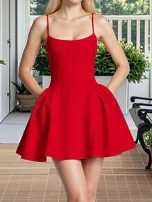 Women's Mini Cami Dress Elegant Solid Color Sleeveless Spaghetti Strap Beach Dress For Party Date Night Wear - 紅色 - 查看 3