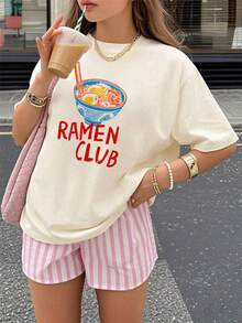 1pc Girls Casual Ramen Noodle Print Round Neck Short Sleeve T-Shirt, Summer Student Young Tween Girl Wear - The Ramen Print T-Shirt Brings Joy And Happiness To Every Child! RAMEN CLUB - Apricot - View 1