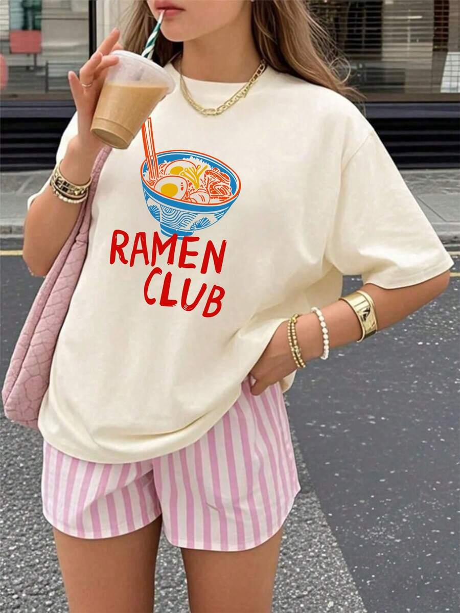1pc Girls Casual Ramen Noodle Print Round Neck Short Sleeve T-Shirt, Summer Student Young Tween Girl Wear - The Ramen Print T-Shirt Brings Joy And Happiness To Every Child! RAMEN CLUB - Apricot - View 1