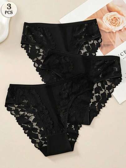 APRSEA 3pcs/Pack Lace Sexy Women's Underwear, Solid Color Comfortable Ladies' Briefs